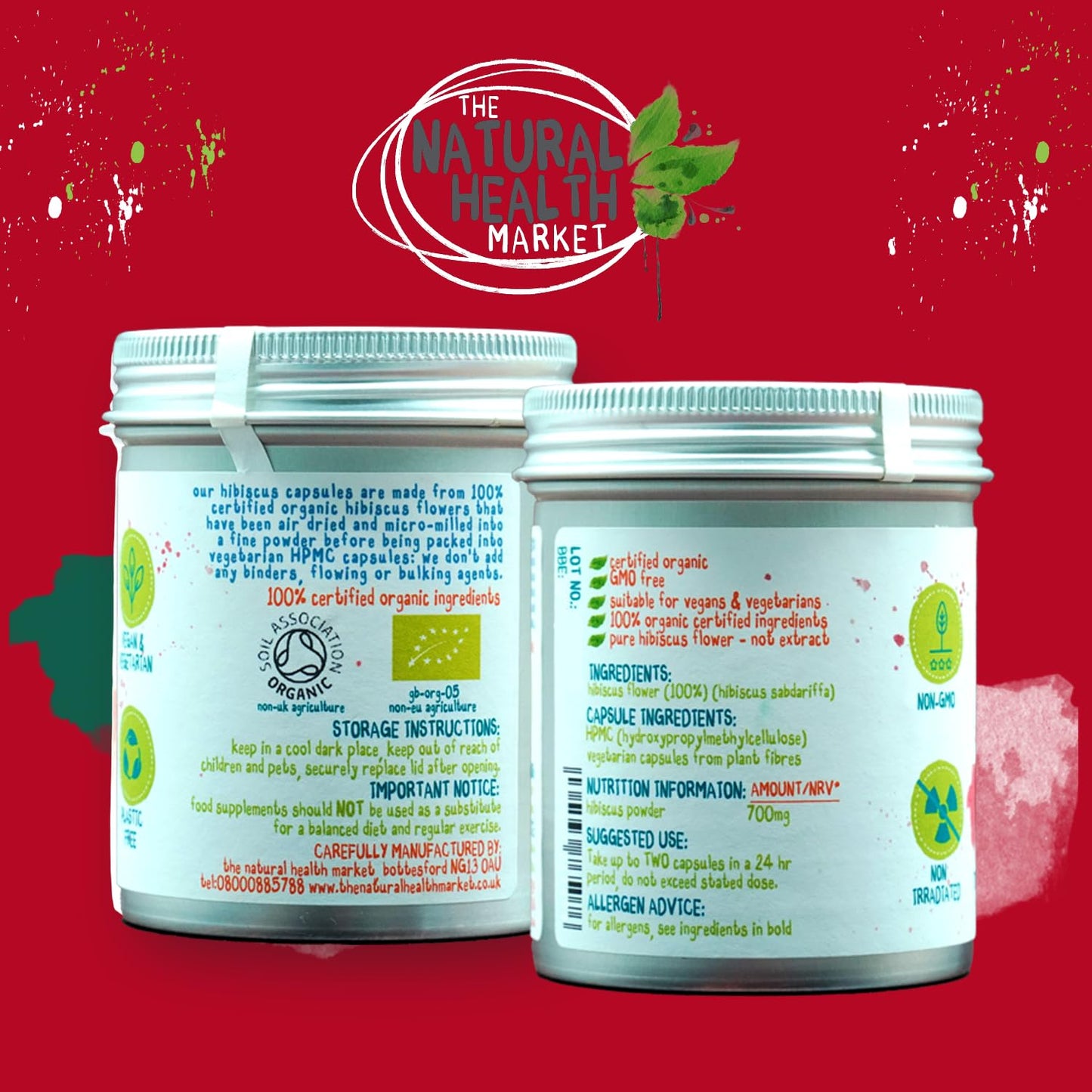 Organic Hibiscus Flower 700mg Capsules • 60 Capsule Tin by The Natural Health Market • Certified Organic
