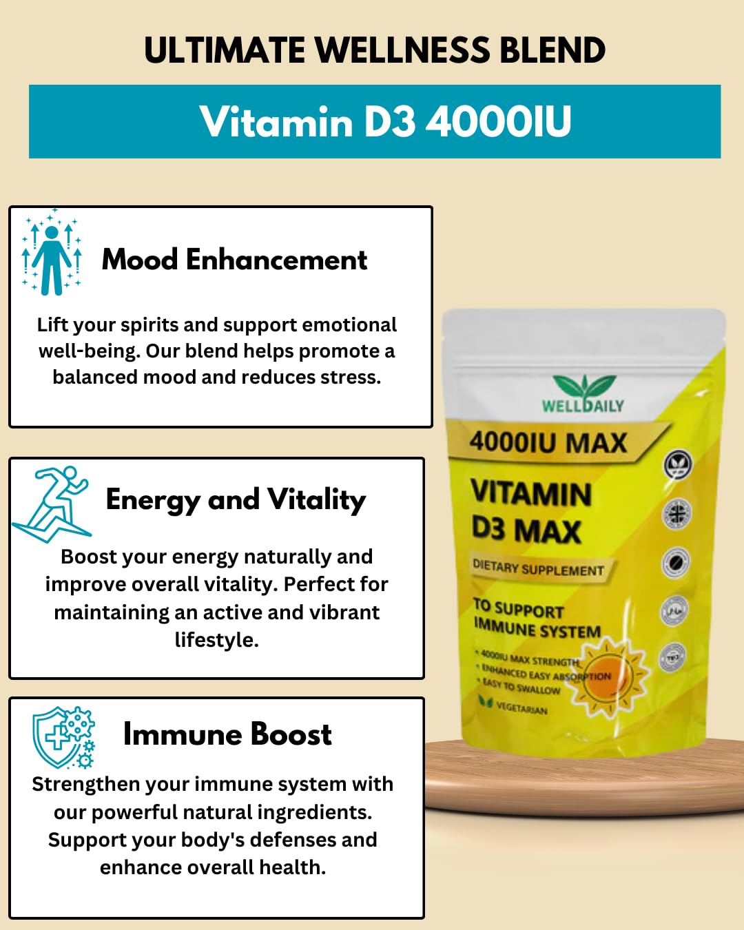 Well Daily 4000IU Max Vitamin D3 | Vegan, Halal & Kosher | Immune, Muscle & Bone Support Easy to Swallow High Strength Immune Support 90 Tablets