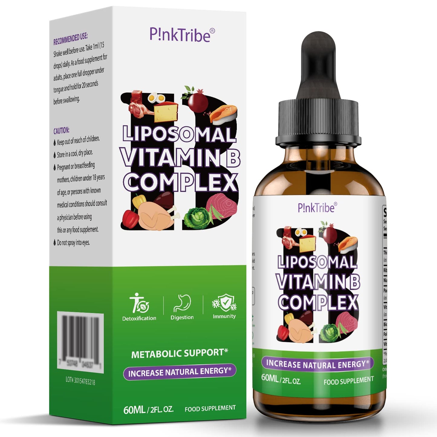P!nkTribe Liposomal Vitamin B Complex Liquid - High Strength B-Vitamin Complex Drops, Supports Immune System and Energy Levels, 60ml (Pack of 1)