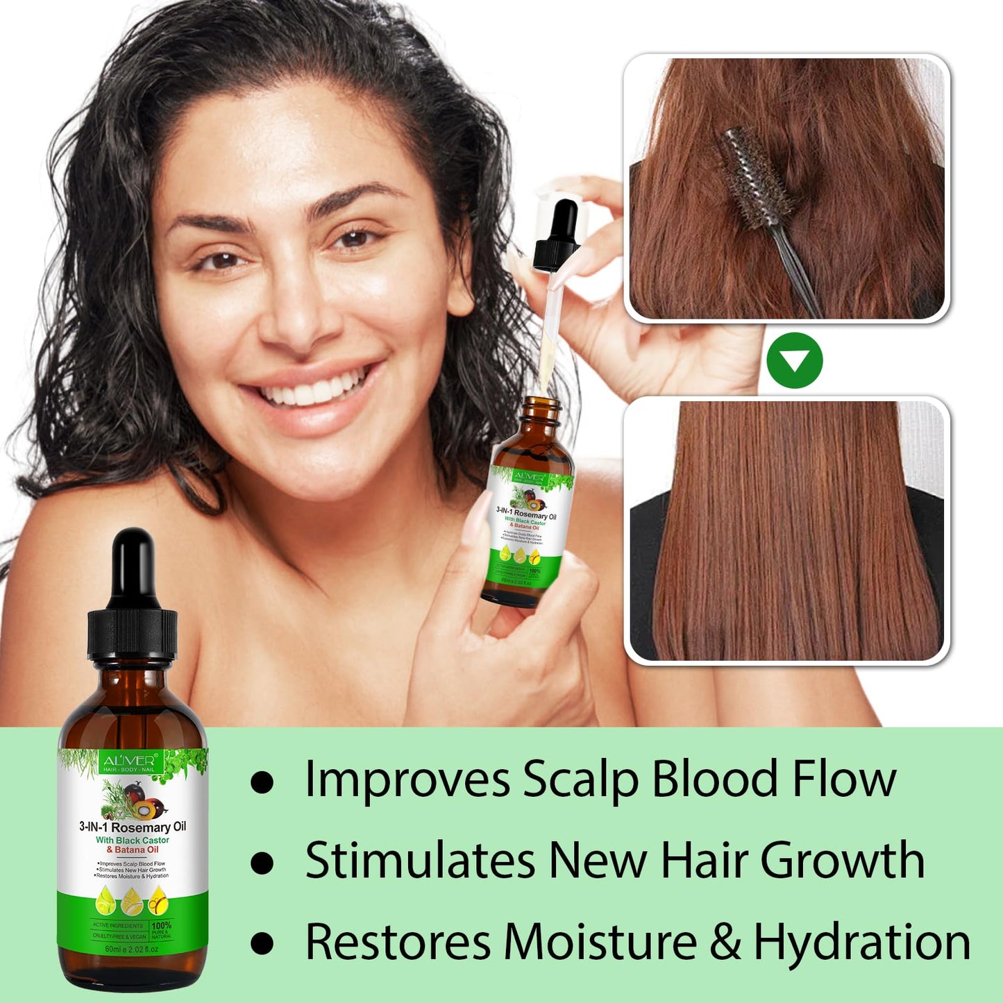 Bibonse 3 in 1 Rosemary Oil for Hair Growth, 100% Natural Hair Growth Oil with Rosemary, Jamaican Black Castor and Batana Oil, Promotes Hair Regrowth, Nourishes Scalp, Hair Loss Treatment, 2.02 fl.Oz