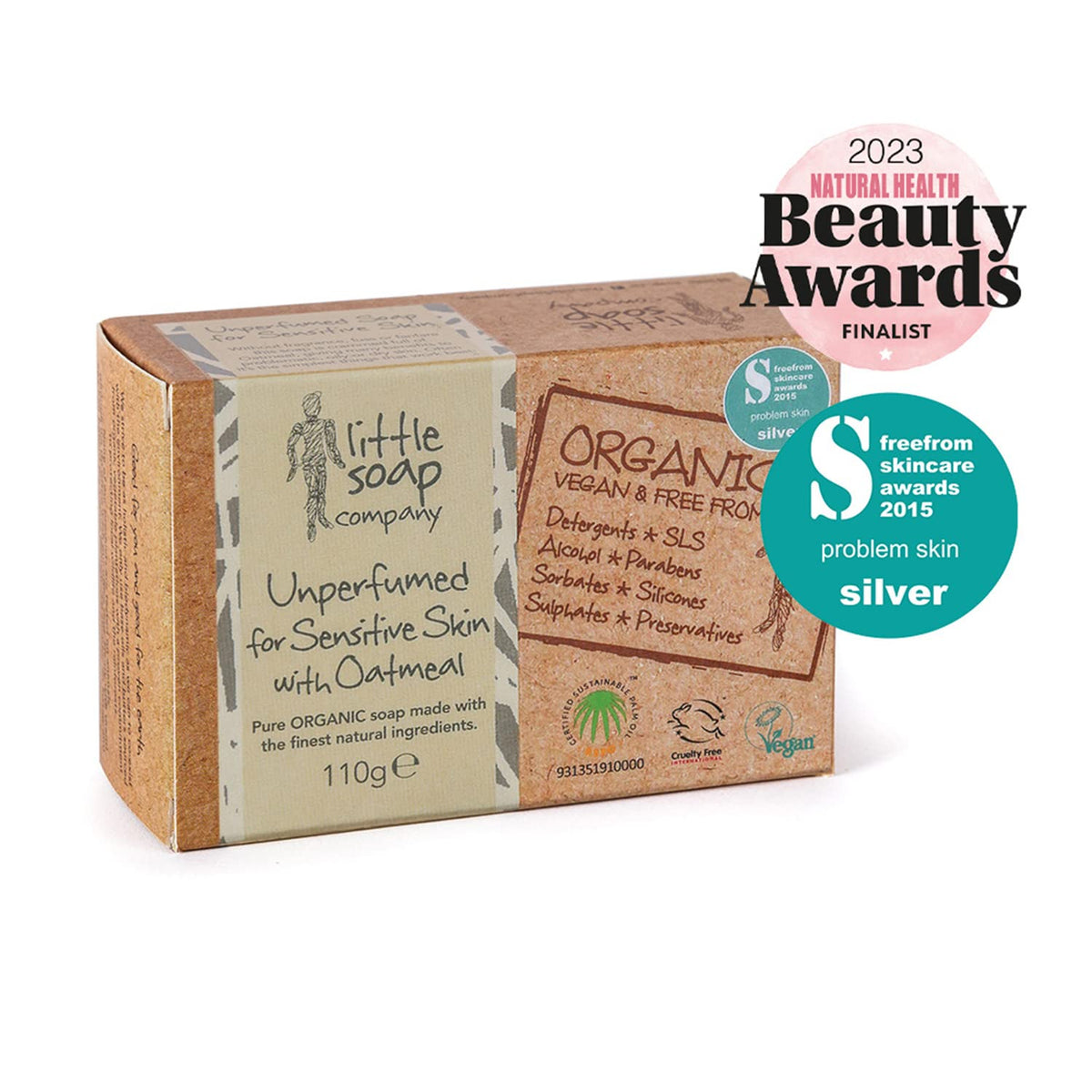 Little Soap Company Sensitive Unperfumed Soap Bar - Vegan, Cruelty Free, No SLS or Parabens, Unperfumed with English Oatmeal | Natural, & Organic Body & Hand Soap Bar(110g)