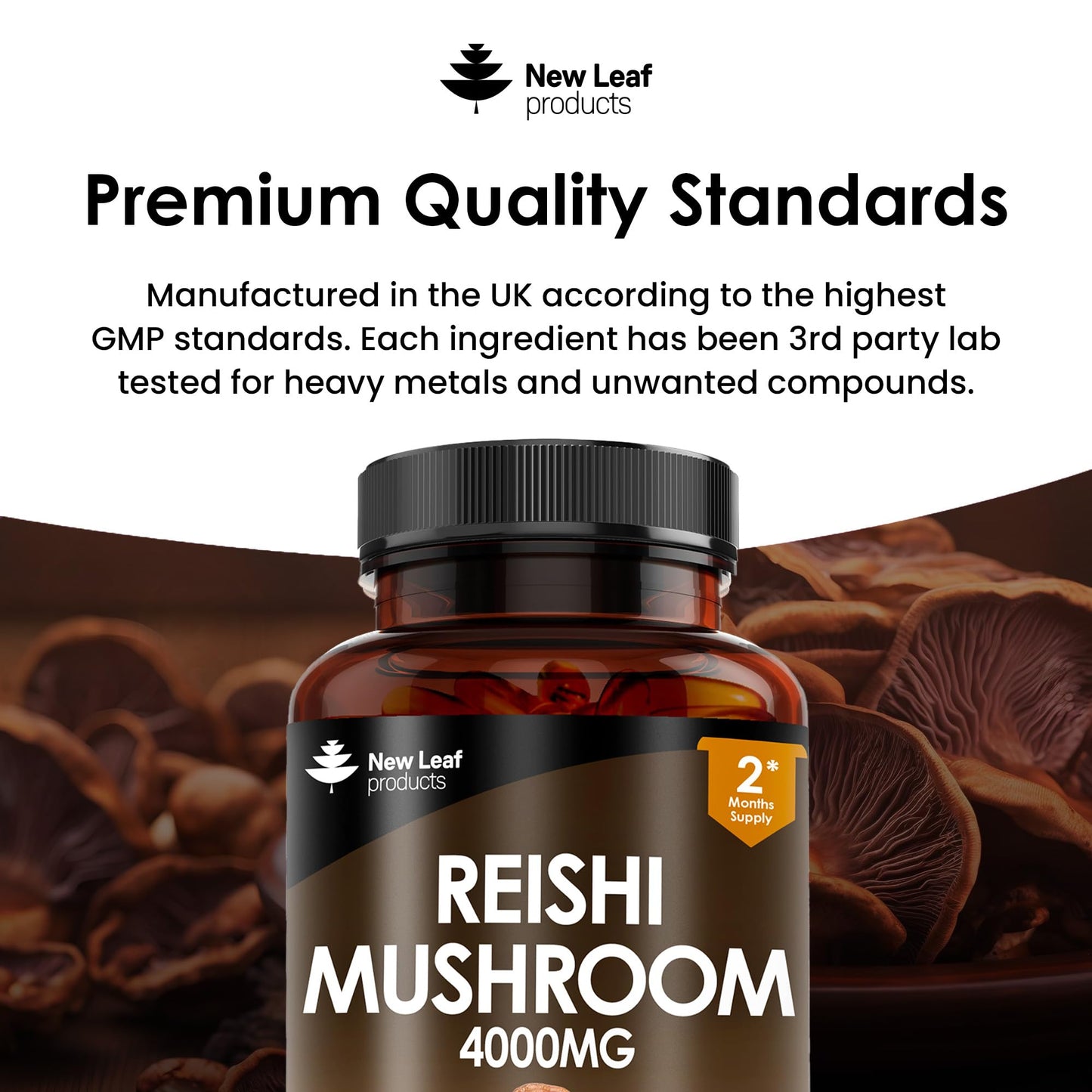 NEW LEAF PRODUCTS Reishi Mushroom Capsules - High Strength 4000mg Mushroom Supplements - 120 Vegan Mushroom Powder Capsules - Reishi Supplement 100% from the Fruiting Body Made in UK by New Leaf
