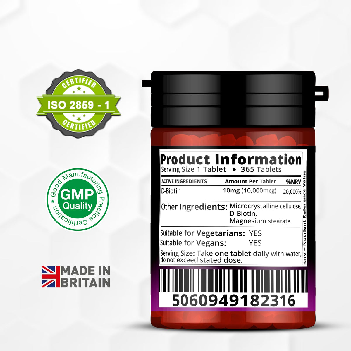 Red Label Health Biotin Hair Growth Supplement 10000mcg - 365 Vegan Tablets (1 Year Supply) - Hair Skin & Nails Vitamins for Women & Men - High Absorption D-Biotin - Hair Growth Vitamins