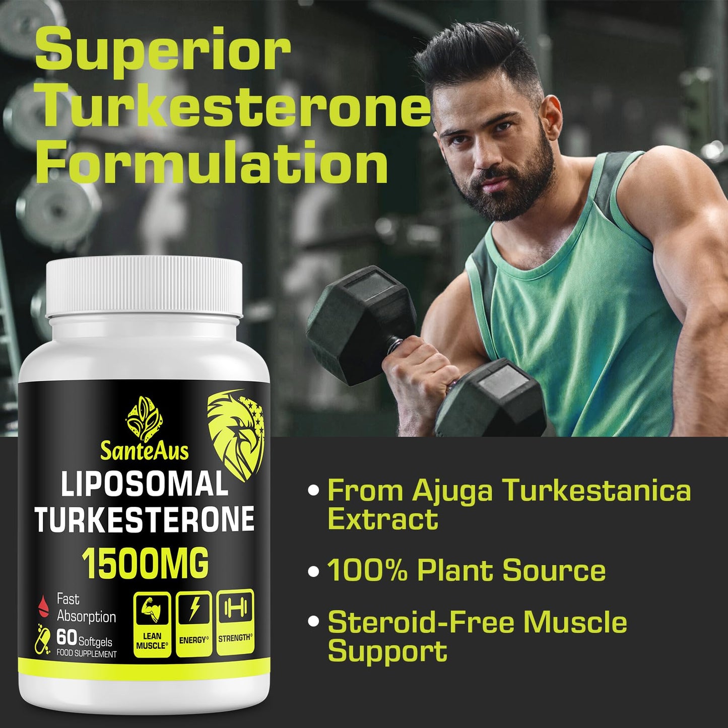SanteAus Liposomal Turkesterone Capsules 1500mg Supplement, Max Strength Ajuga Turkestanica Extract, Standardized to 20% Turkesterone, Optimal Absorption, Muscle Growth & Recovery, Gluten Free, Fillers Free