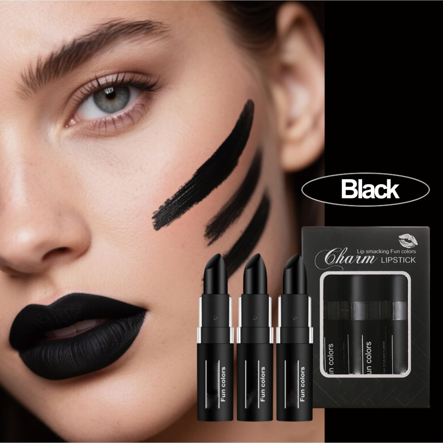 SHEBEEDO 3PCS Black Face Paint Stick, Sweat Proof & Water-Resistant Body Paint,Easy to Color Halloween Long-Lasting Black Lipstick, Ideal for Sports & Makeup with Face Paint Sticks
