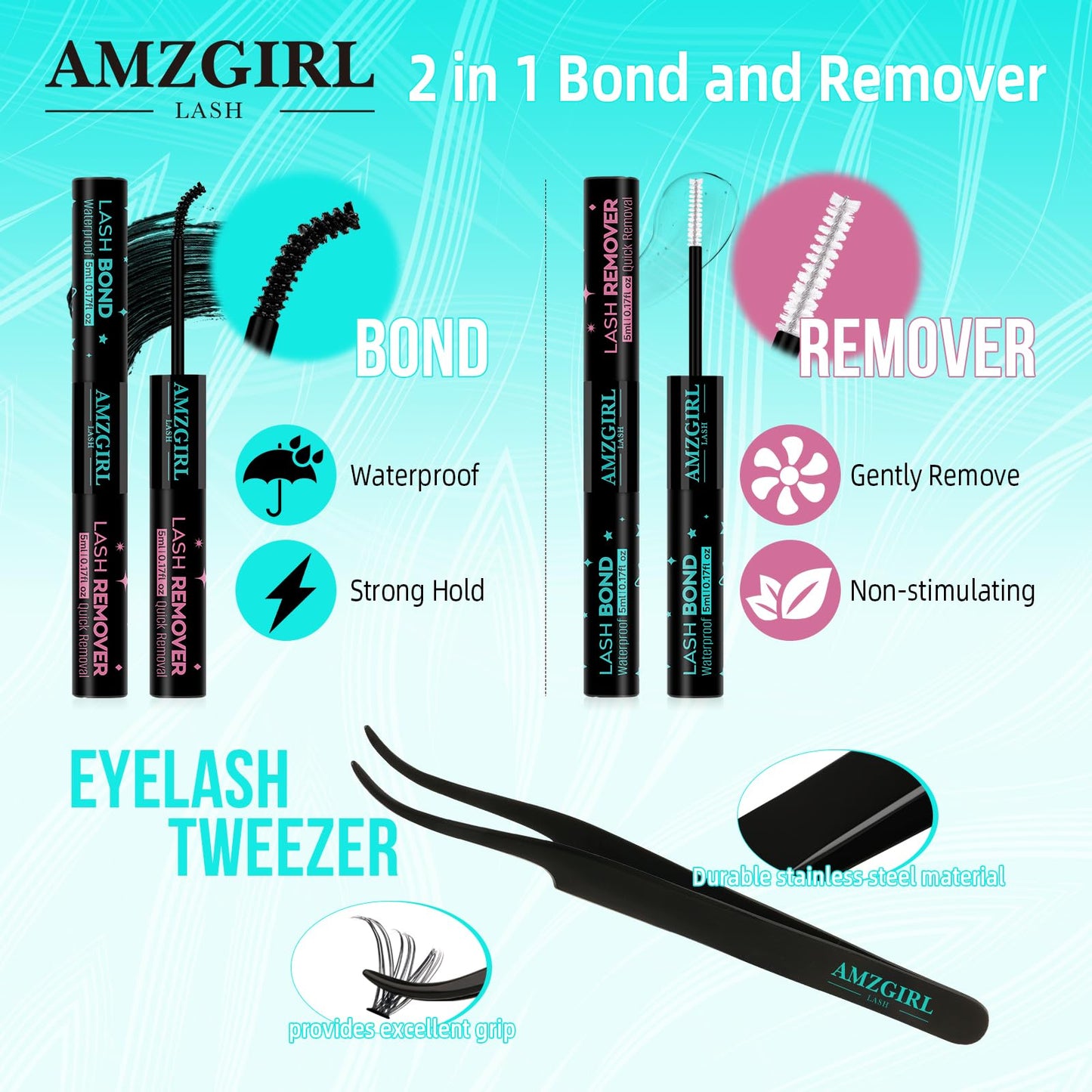 AMZGIRL LASH Lash Extension Kit 280PCS Eyelash Clusters 30D 40D DIY Eyelash Extension Kit Individual Lashes Natural Lash Clusters Kit with Lash Bond and Remover Waterproof, Lash Tweezers(D-Mix9-16mm Kit)