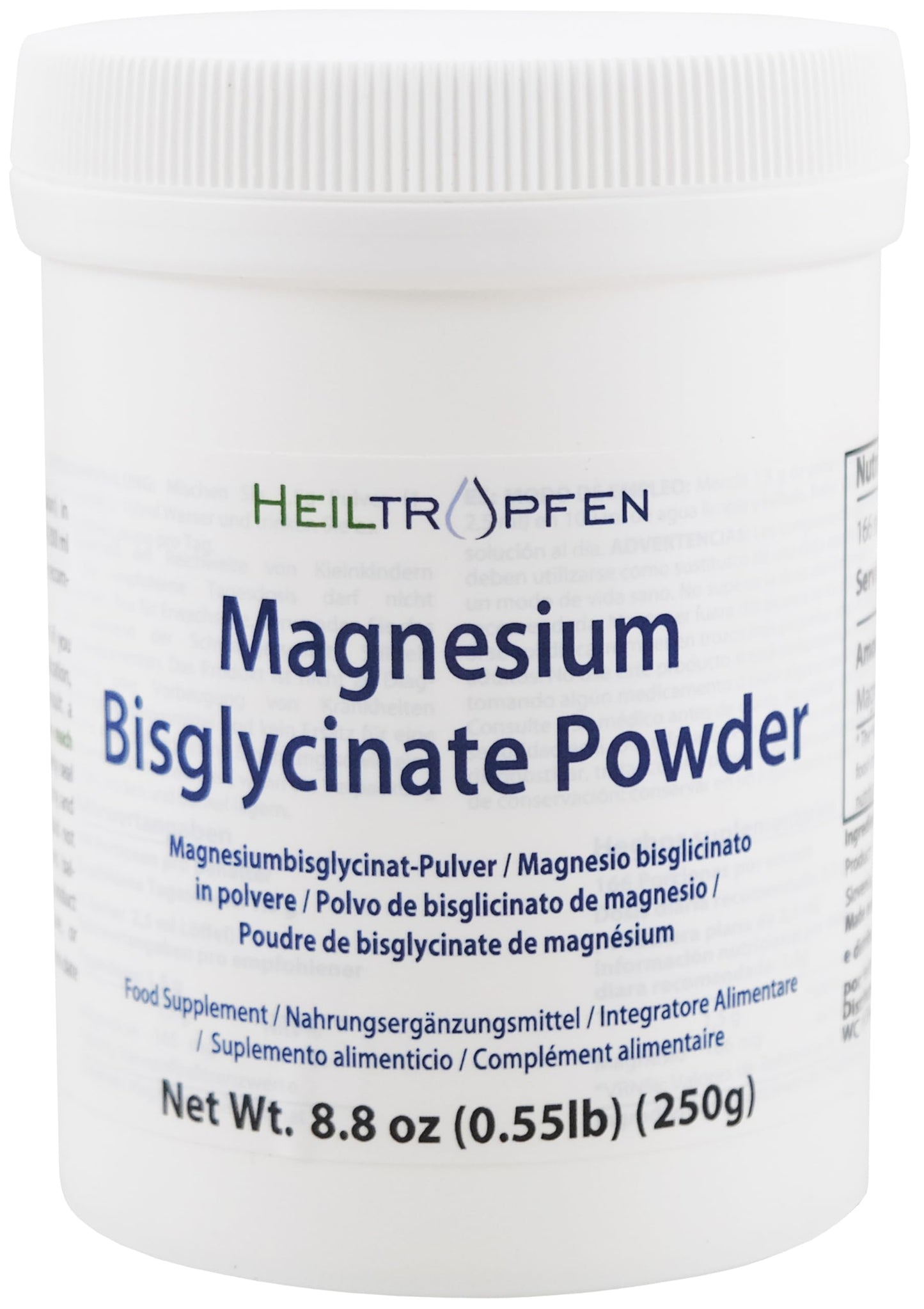 Magnesium glycinate as Magnesium bisglycinate | 0.55 lb – 250 g | Crystal Powder Soluble in Water | Heiltropfen®
