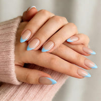 KQueenest 30 Pcs Blue French Tip False Nails Short Medium Almond, French Tip False Nails Short Stiletto, Custom Thick Acrylic Fake Nails Set Natural Nude Gel Stick on Nail for Women Daily Wear