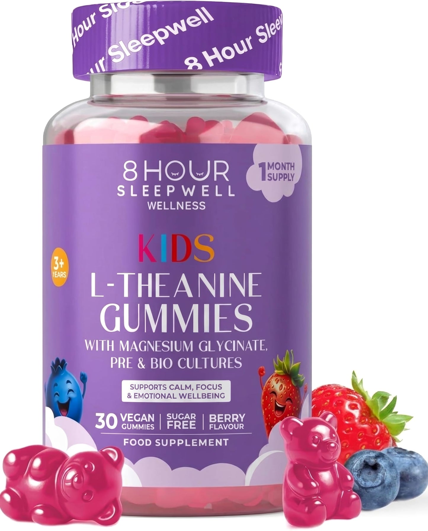 8 Hour Sleepwell Kids L Theanine Gummies – 50mg with Magnesium Glycinate & Prebiotics to Improve Kids Concentration & Focus | Sugar-Free, Vegan & Chewable | Ages 3+ | Berry Flavour | 1 Month Supply