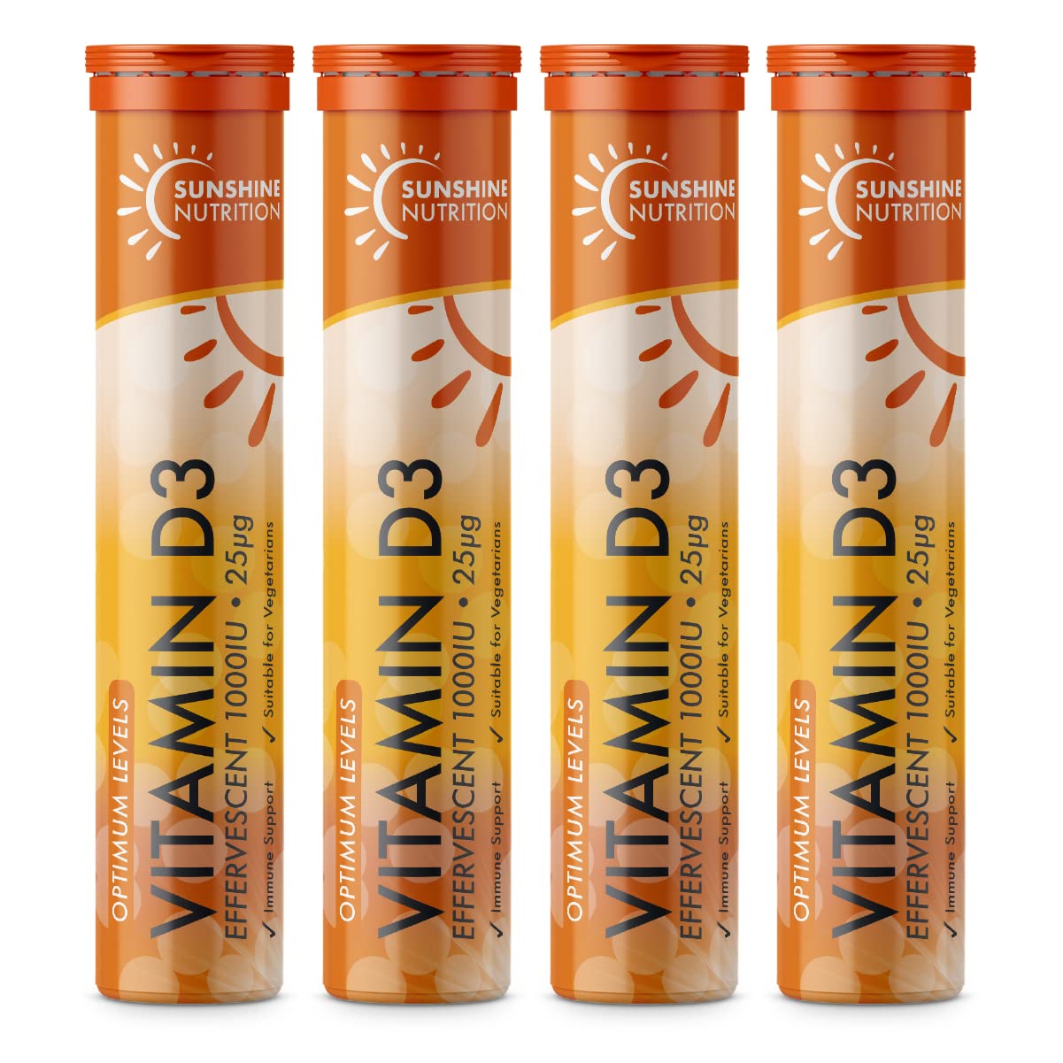 Sunshine Nutrition Vitamin D Effervescent Tablets - Dissolvable High Strength Vitamin D3-20 Vitamins Per Tube (4 Pack)