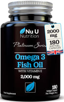 Omega 3 Fish Oil 2000mg per Serving - 180 Softgel Capsules - Premium Double Strength 660mg EPA & 440mg per Serving - 3 Month Supply - Sustainably Sourced - with Vitamin E - Nu U Nutrition