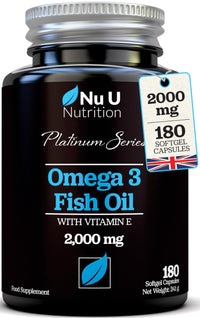 Omega 3 Fish Oil 2000mg per Serving - 180 Softgel Capsules - Premium Double Strength 660mg EPA & 440mg per Serving - 3 Month Supply - Sustainably Sourced - with Vitamin E - Nu U Nutrition