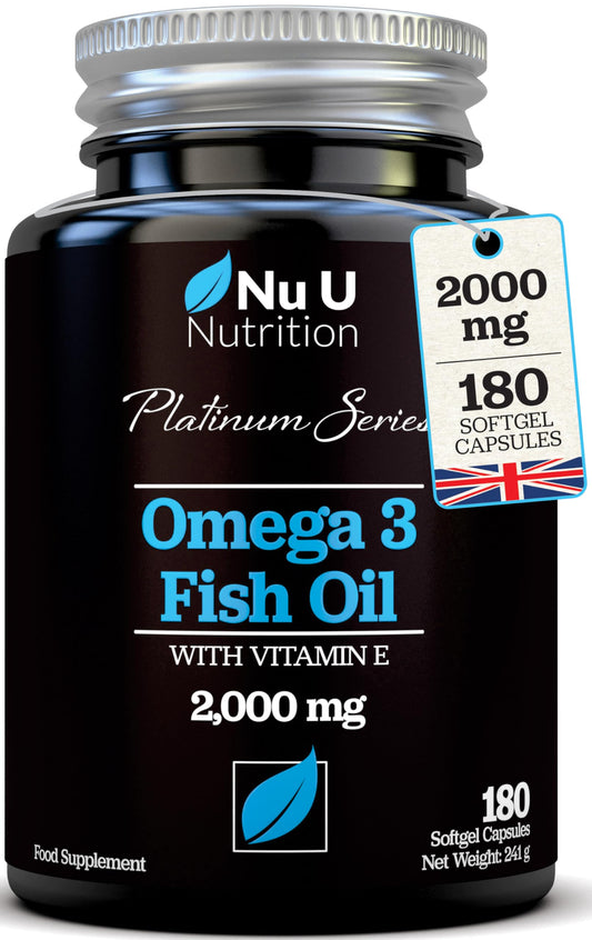 Omega 3 Fish Oil 2000mg per Serving - 180 Softgel Capsules - Premium Double Strength 660mg EPA & 440mg per Serving - 3 Month Supply - Sustainably Sourced - with Vitamin E - Nu U Nutrition