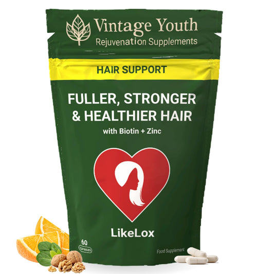 Vintage Youth LikeLox Hair Growth Supplement for Women & Men – Biotin, Zinc, Silica & Iron | Thicker Strands & Reduced Thinning Support | Vegan Vitamins for Regrowth, Strength & Volume | UK Made