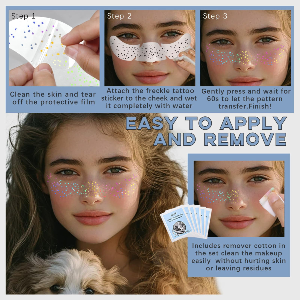Noerrors 6pcs Glitter Freckles Face Tattoo, 3 Styles Multichrome Holographic Sparkle Face Glitter Speckles Patches, Waterproof Metallic Cute Temporary Tattoo Stickers Makeup Festival Rave Accessories