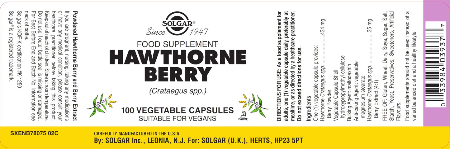 Solgar Hawthorne Berry Vegetable Capsules - Pack of 100 - Powdered Extract - Vegan, Vegetarian, Kosher