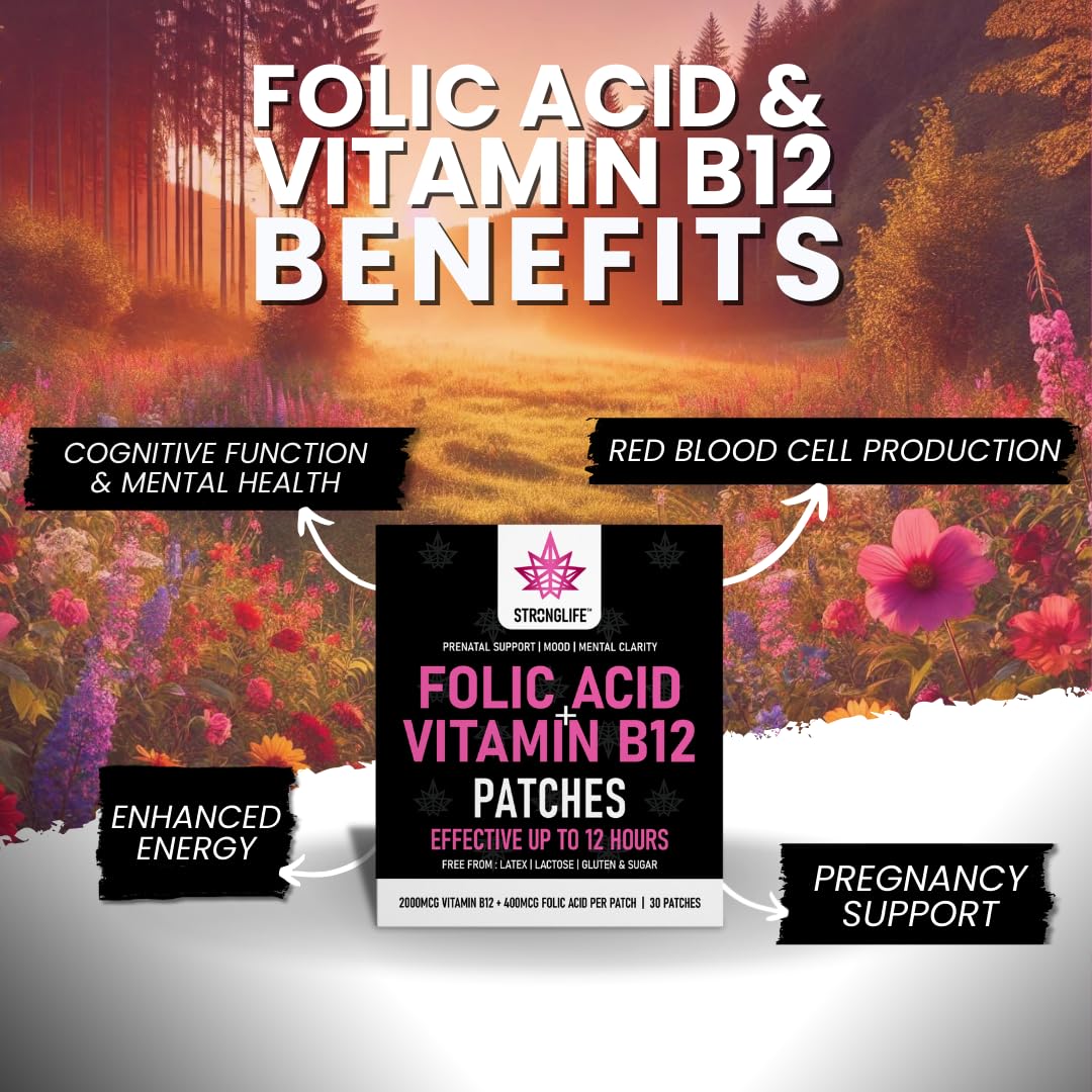 Stronglife Folic Acid & Vitamin B12 Patches – High Absorption, 12-Hour Release – Supports Energy, Mood, & Immune Health – Easy-to-Use – 30 Patches – Natural Ingredients – Like - Capsules & Powder