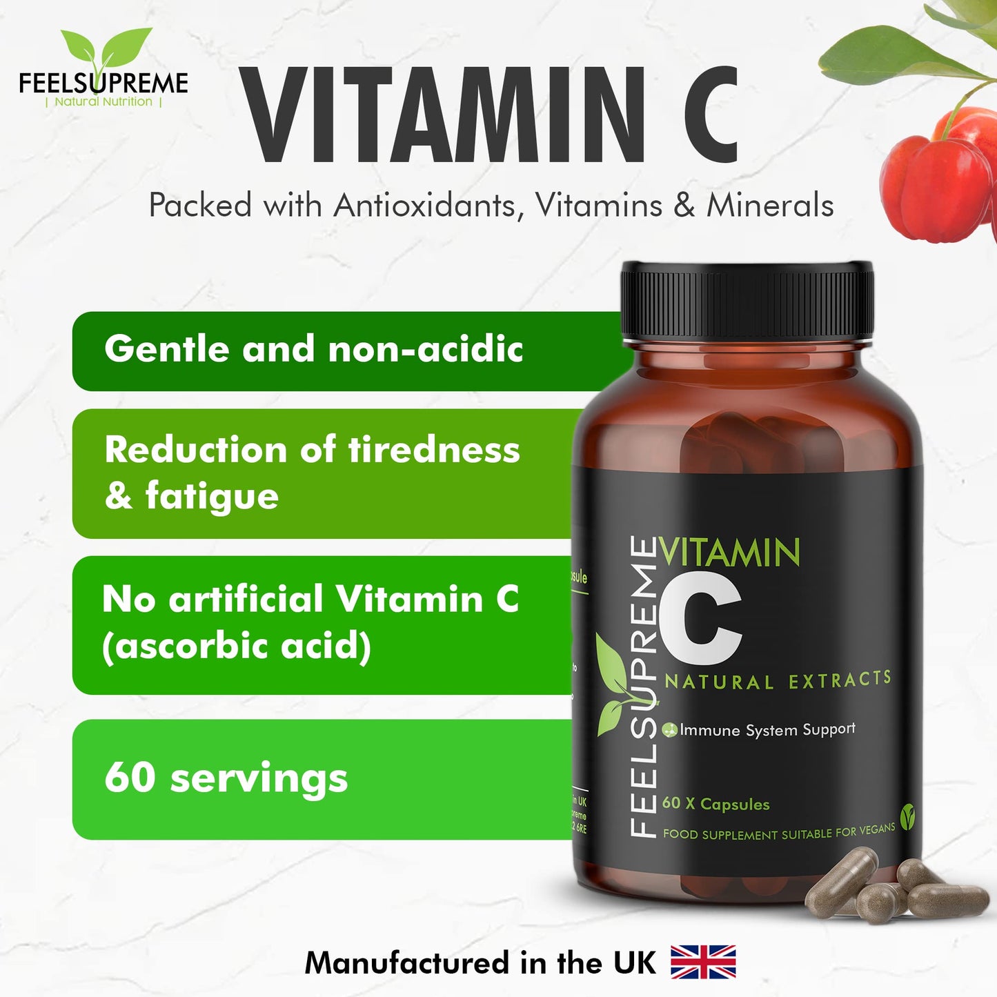 Feel Supreme 100% Natural Vitamin C 60 High Strength Food State Non-Synthetic Capsules Supplement Immune System Support No Nasty Fillers or Binders