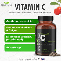 Feel Supreme 100% Natural Vitamin C 60 High Strength Food State Non-Synthetic Capsules Supplement Immune System Support No Nasty Fillers or Binders