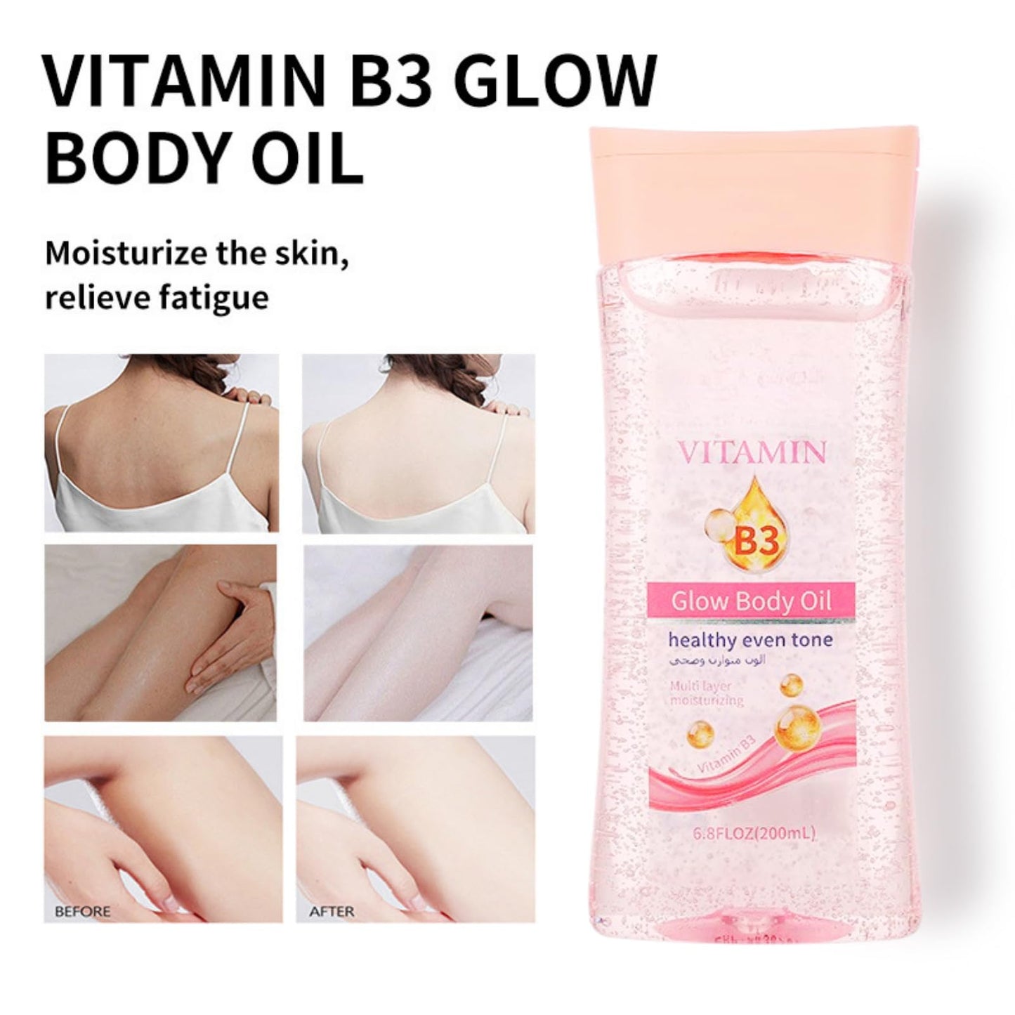 Vitamin B3 Body Oil Gel – Essential Oils for Skin – Glow Body Oil for Women – Massage Oil for Back & Gua Sha – Hydrating, Brightening & Smoothing Skin Care for Dry Skin 200ml
