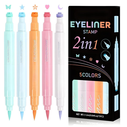 Generic 5PCS Eyeliner Stamp Set, Double-Ended Liquid Eyeliner Pencils with Heart, Moon, Butterfly, Star & Flower Stamps, Waterproof & Smudge-Proof Eyeliner Tools for Fun, Easy Makeup Designs