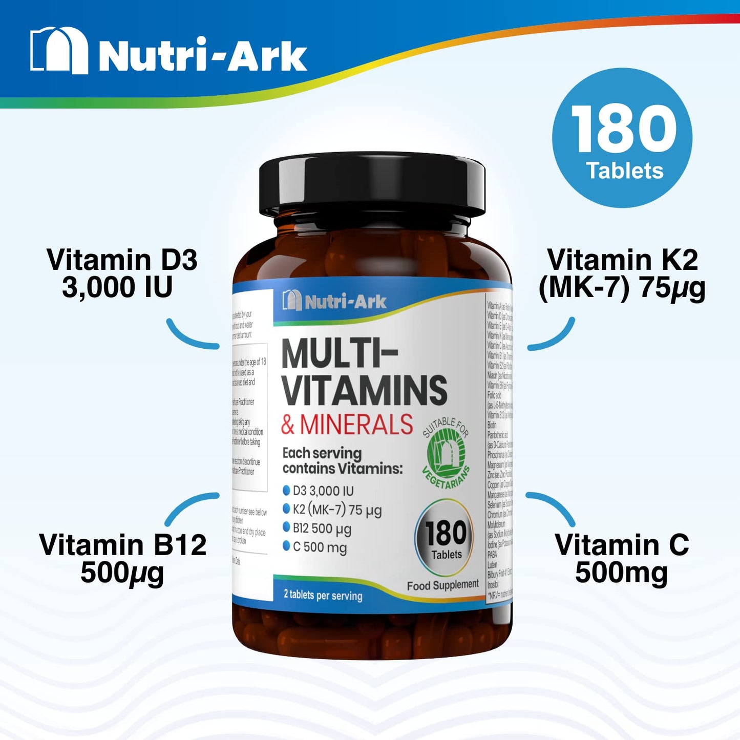 Nutri-Ark Multivitamin | 26 Key Multivitamins & Minerals for Women & Men Including Vitamin B12, K (K2), D (D3), C & Folic Acid | 3 Months Supply | Suitable for Vegetarians
