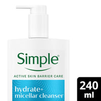 Simple Hydrate+ Micellar Facial Cleanser for a gently daily cleanse with micelles + vegan glycerin boosting hydration from the first use 240 ml