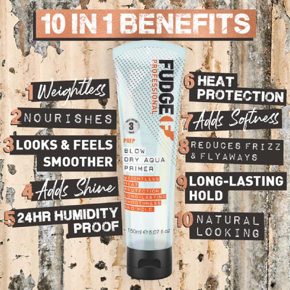 Fudge Professional Blow Dry Aqua Primer, Hyaluronic Acid, Heat Protection, Volumizing Results, 150 ml