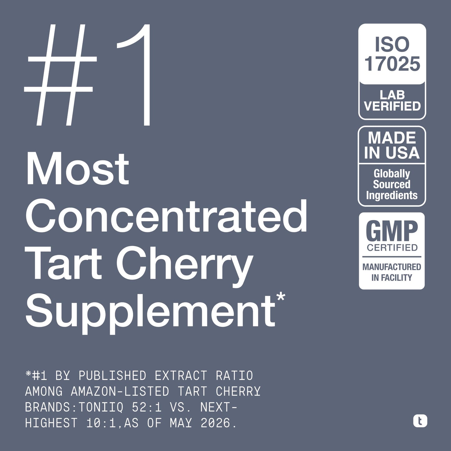 Toniiq Tart Cherry Capsules - Ultra High Potency 52:1 Extract - Highly Concentrated - Third-Party Lab Tested for Purity & Quality - 60 Capsules