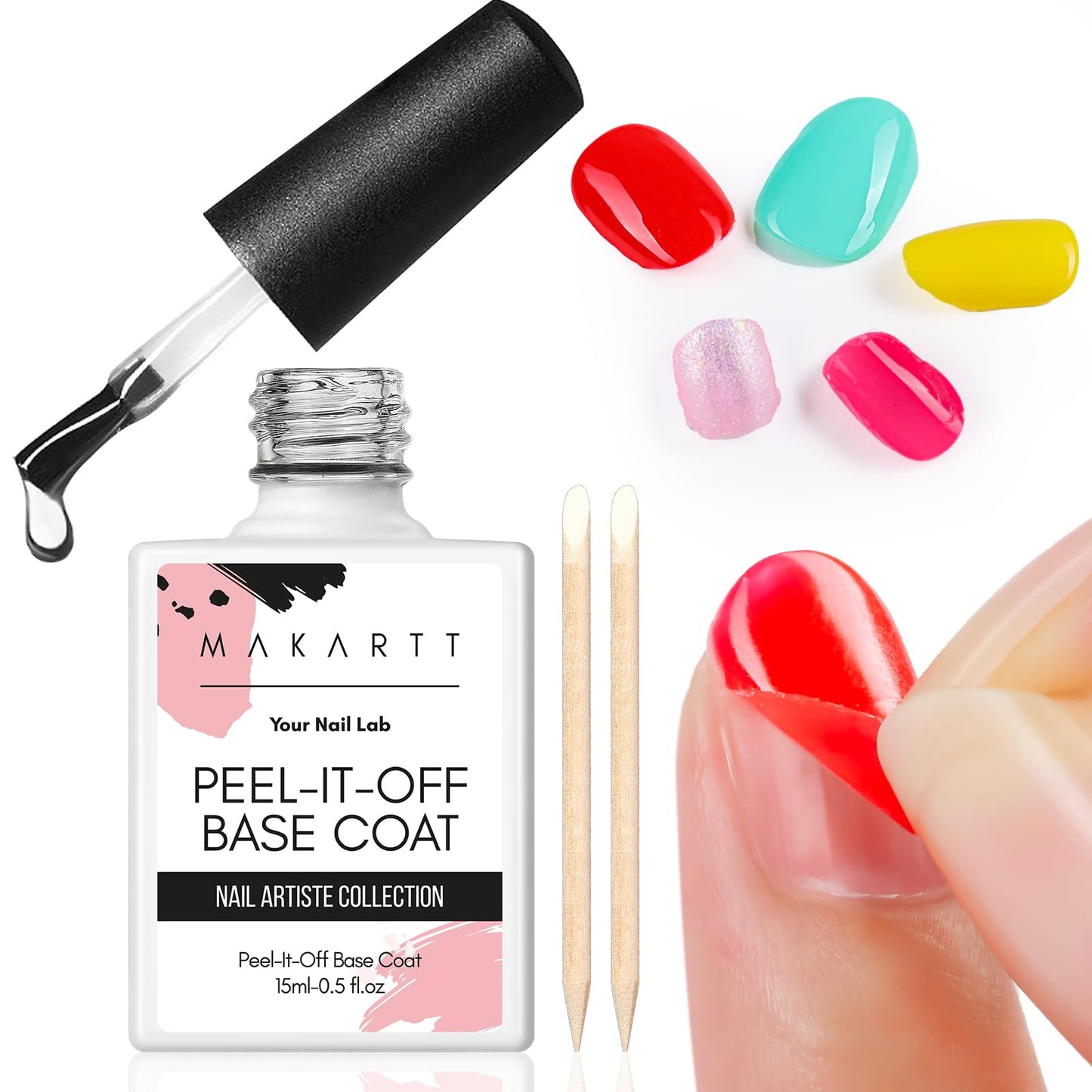 Makartt Peelable Base Coat -15ML Peel off Clear Nail Coat with 2 Wooden Stick, Easy Removal Gel Base Coat for Nail Art Beginners,UV Lamp Required, Ideal for DIY Home Manicure Salon Use
