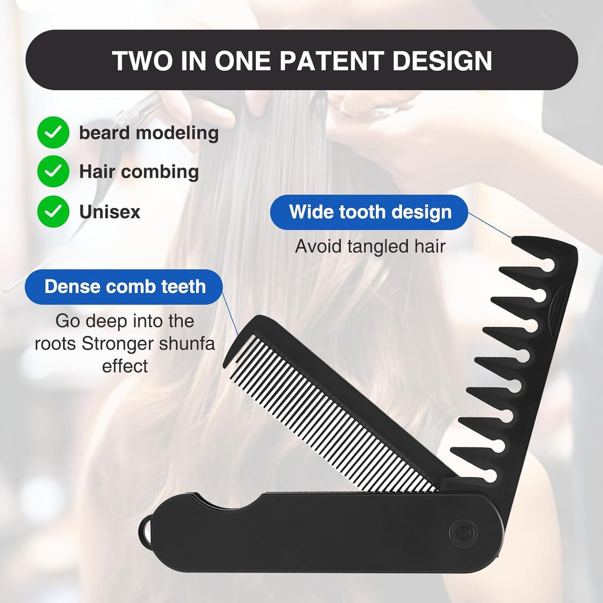 Vayfoni 2-in-1 Folding Pocket Comb for Men - Fine Tooth & Wide Tooth Beard Combs - Flip Design Travel Comb for Hair, Mustache & Beard Grooming - Portable Styling Tool (Black)
