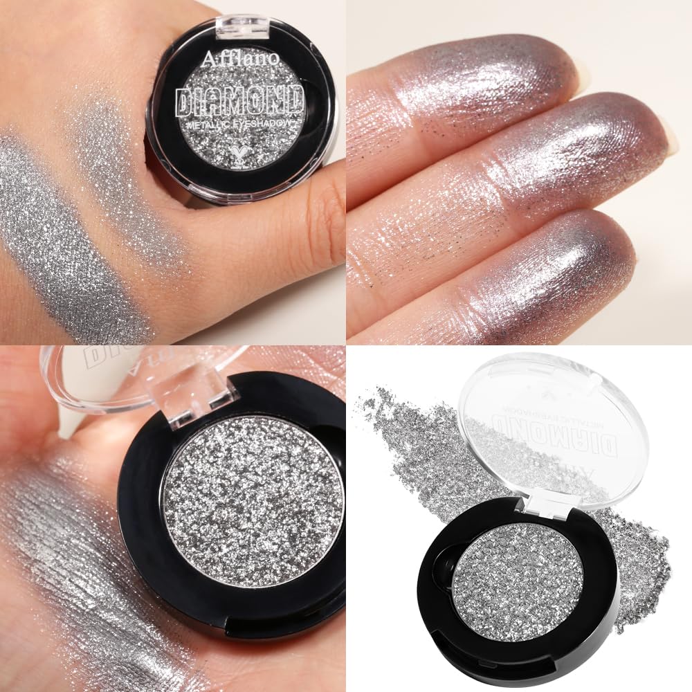DE'LANCI Silver Gray Glitter Eye Shadows Make up,Silver Metal Pressed Powder Eyeshadow,Shimmer Silver Grey Eyeshadow,Highly Pigmented&Waterproof, Long Wearing,Vegan&Talc Free #11