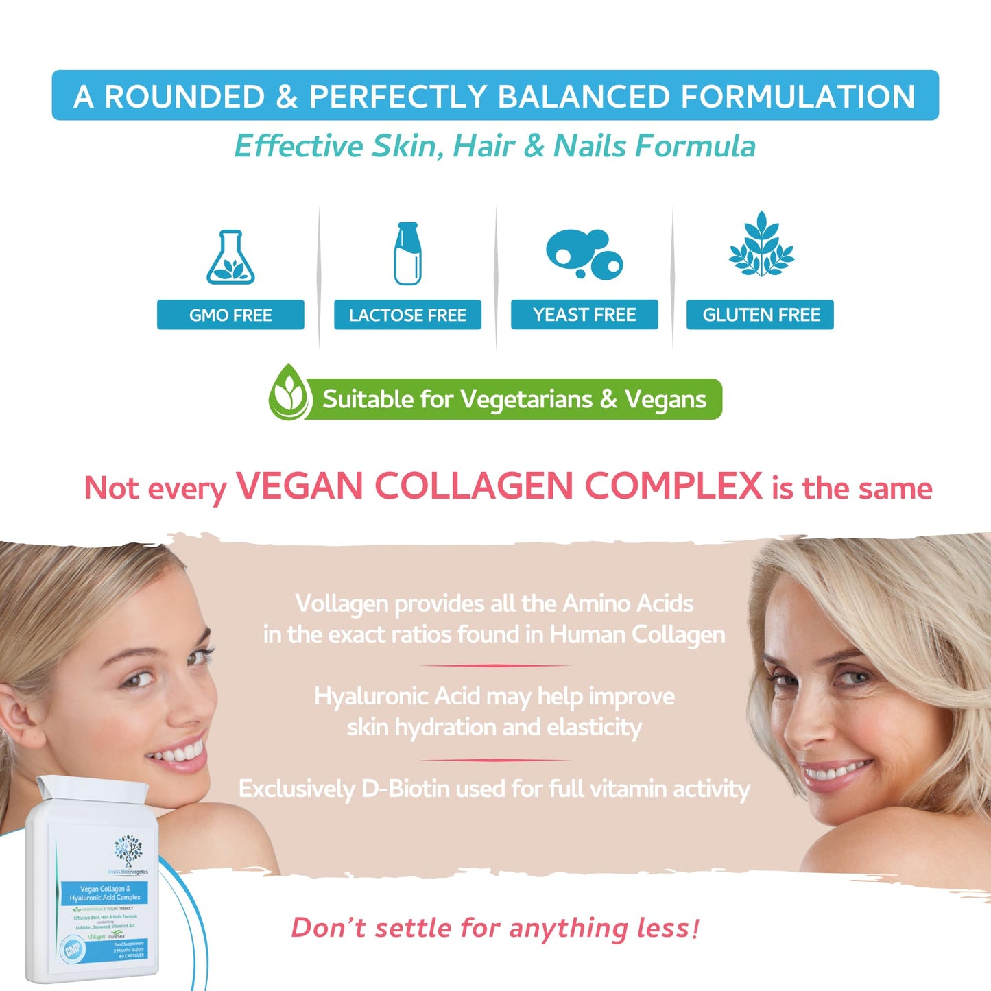 swiss bioenergetics Vegan Collagen & Hyaluronic Acid Complex - 60 Capsules - Effective Skin, Hair & Nails Formula with 500mg of Vollagen in The Exact Amino ratios of Human Collagen - D-Biotin, Seaweed, Vitamins E&C
