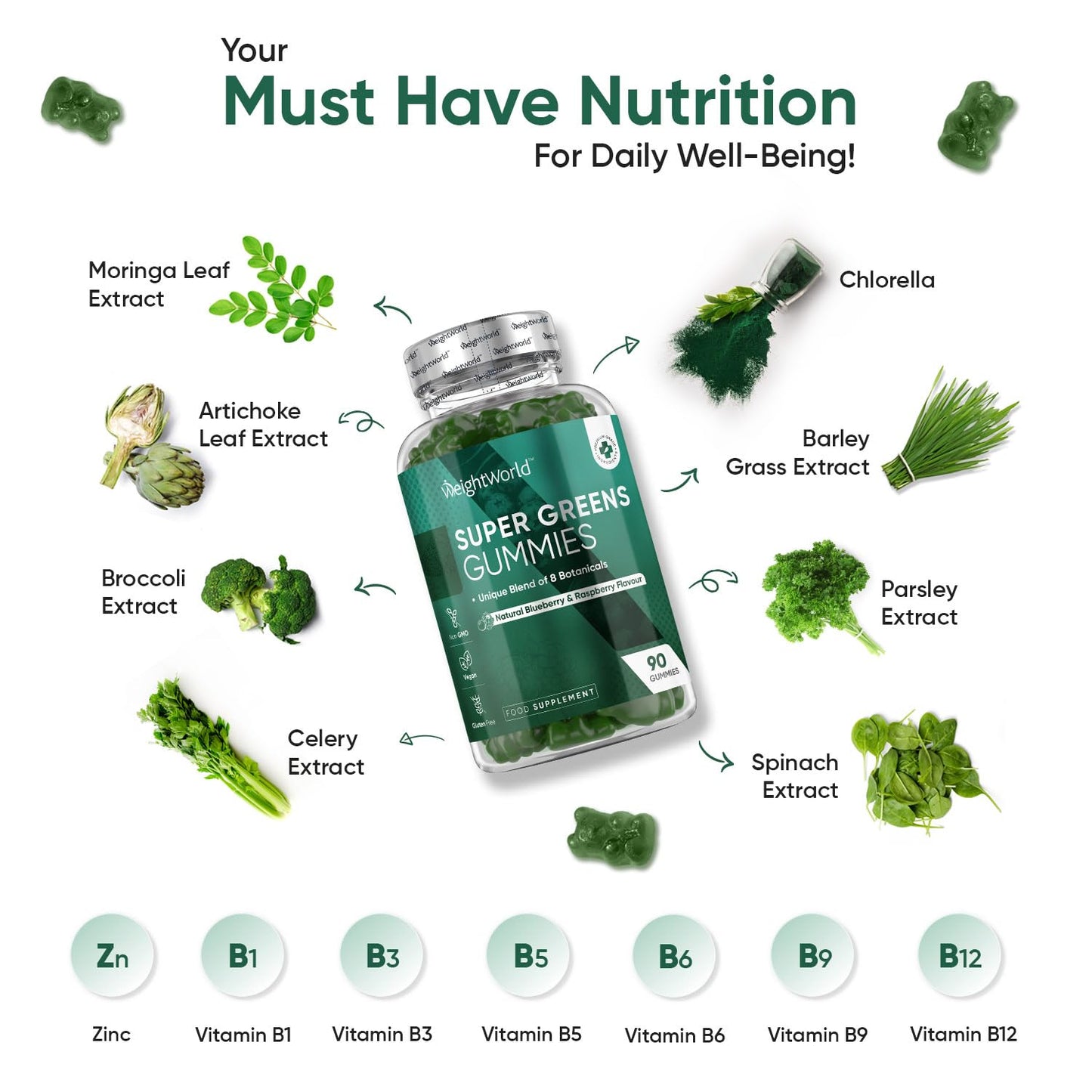 Super Greens Gummies - 90 Vegan Gummies - Blend of Botanicals with Essential Vitamins & Minerals - Natural Blueberry & Raspberry Flavour - for Energy & Immunity - Alternative to Super Greens Powder