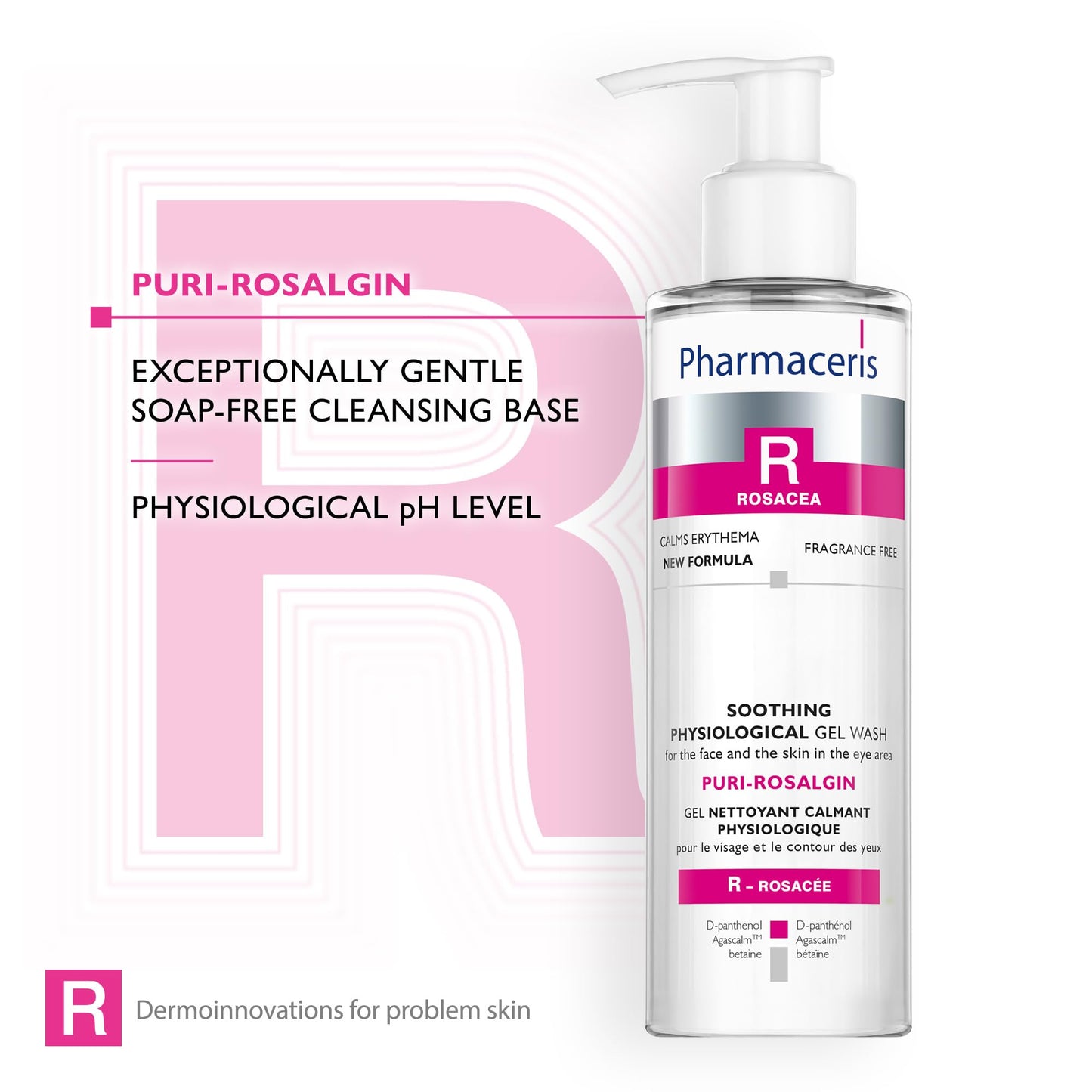 Pharmaceris R Puri-Rosalgin, Eye and Face Cleanser, Face Wash Gel for Rosacea Skin, Physiological Gel, Cleanser for Sensitive and Allergic Skin, D-Panthenol - 200 ml