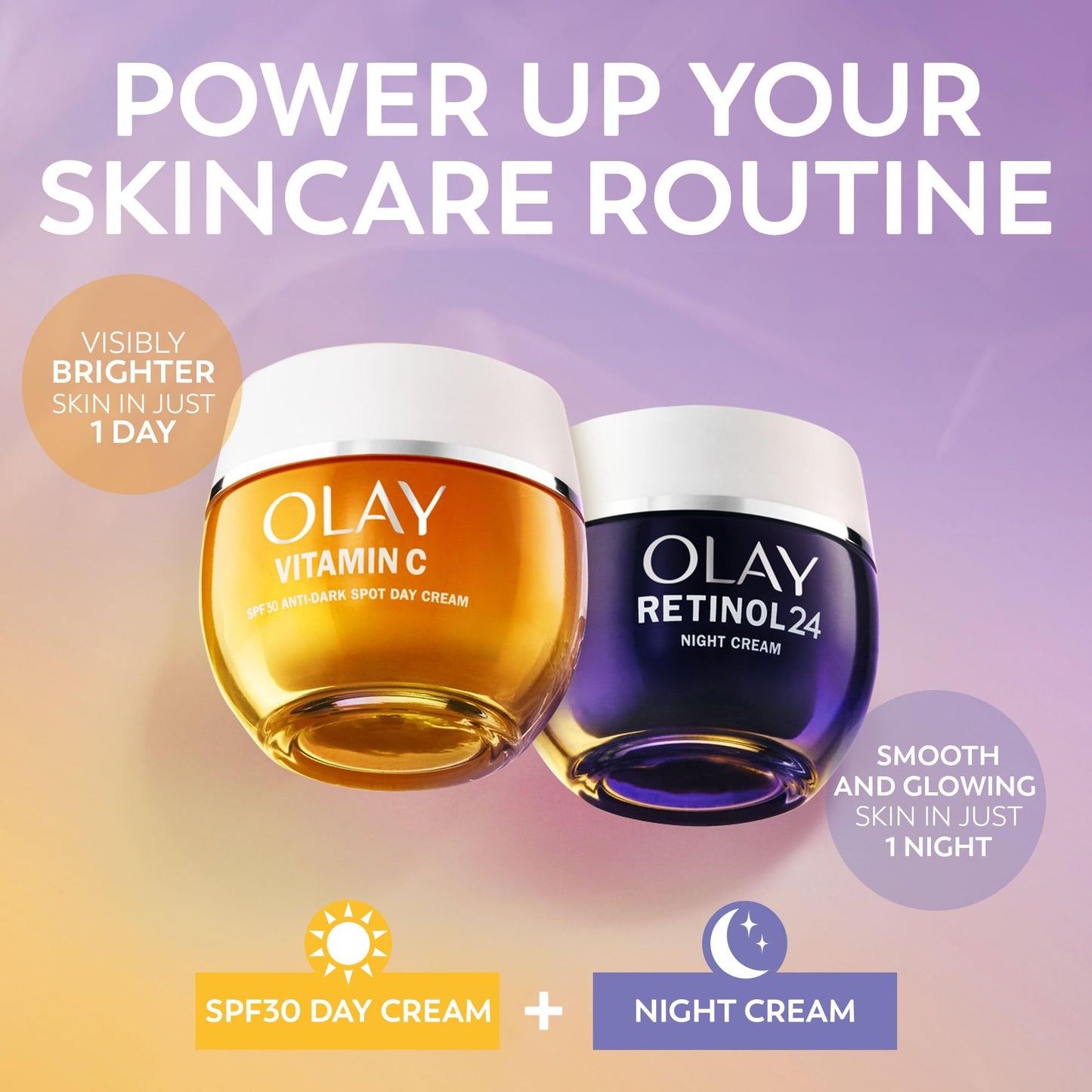 Olay Power of Radiance Giftset: Vitamin C Anti-Dark Spot SPF 30 Face Moisturiser Day Cream 50ml + Retinol 24 Night Cream Face Moisturiser 50ml, Skincare for Glow, Brightening and Overnight Renewal