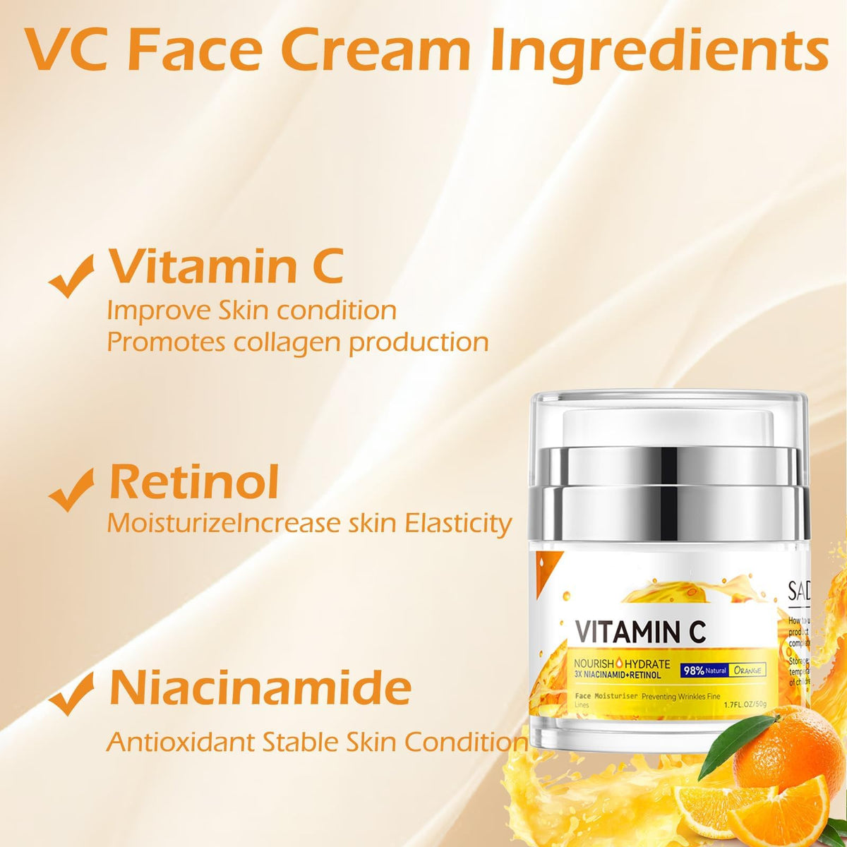 FALILUV Vitamin C Face Cream With Niacinamid,Retinol, Face Moisturiser For Women,Anti Aging Wrinkles,Orange Extracted Organic Face Cream Natural Skin Care For Dark Spots Acne,Fine Lines