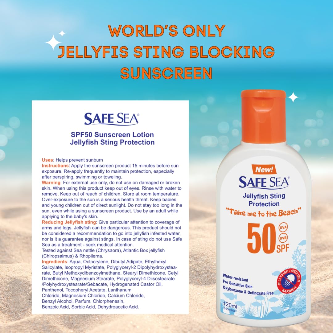 SAFE SEA Safe Sea SPF50 Sting Blocking Sunscreen | 120ml Bottle | For Sensitive Skin | Anti Jellyfish Sting Protective Lotion (Pack of 1)