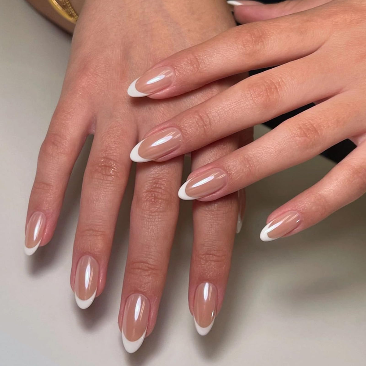 Lomeya Short French Tip Press On Nails - White Almond Shape - 30 Soft Gel Fake Nails in 15 Sizes - Reusable Semi-Transparent Stick On - Classic Look for Women - Easy Press-On Application