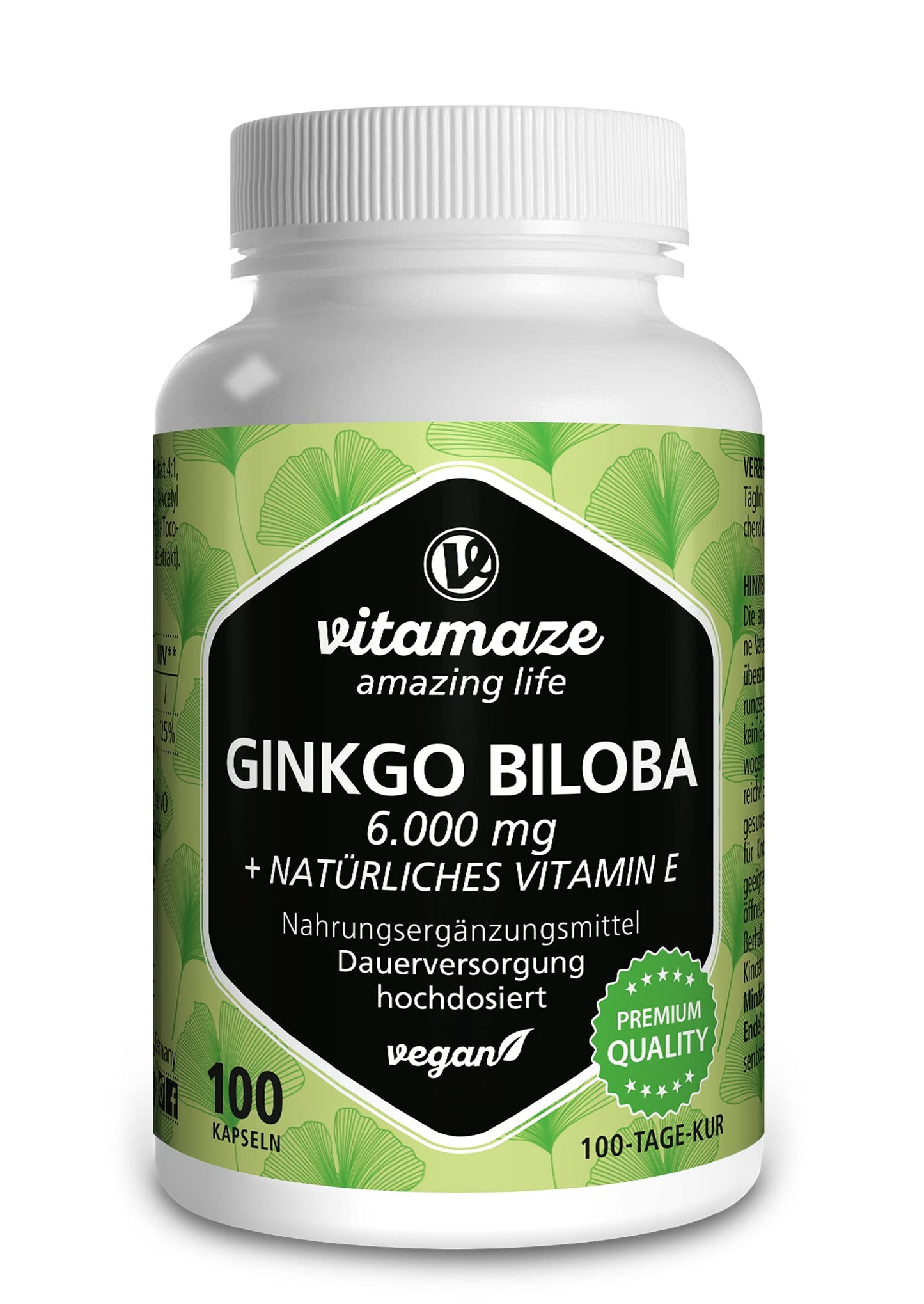 Vitamaze - amazing life Ginkgo Biloba Capsules 6000mg with Acai, L-Carnitine and Vitamin E - 100 Days Supply - Memory and Energy Booster - Gingko Biloba Extract 50:1 - Supplement Without Additives