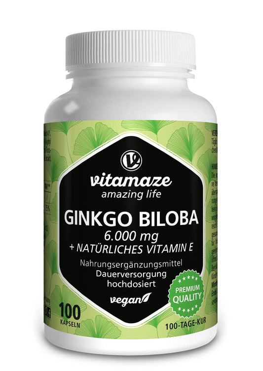 Vitamaze - amazing life Ginkgo Biloba Capsules 6000mg with Acai, L-Carnitine and Vitamin E - 100 Days Supply - Memory and Energy Booster - Gingko Biloba Extract 50:1 - Supplement Without Additives