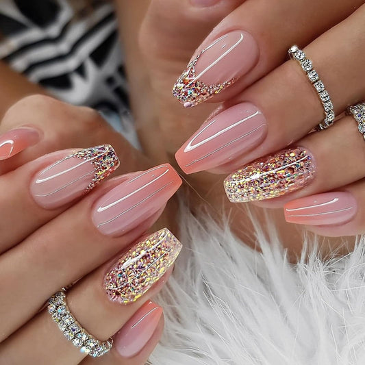 Ceboic 24Pcs French False Nails Coffin Press on Nails Medium Length Orange Gradient Glue on Nails Pink Glitter Design Acrylic Full Cover Reusable Stick on Nails for Women and Girls