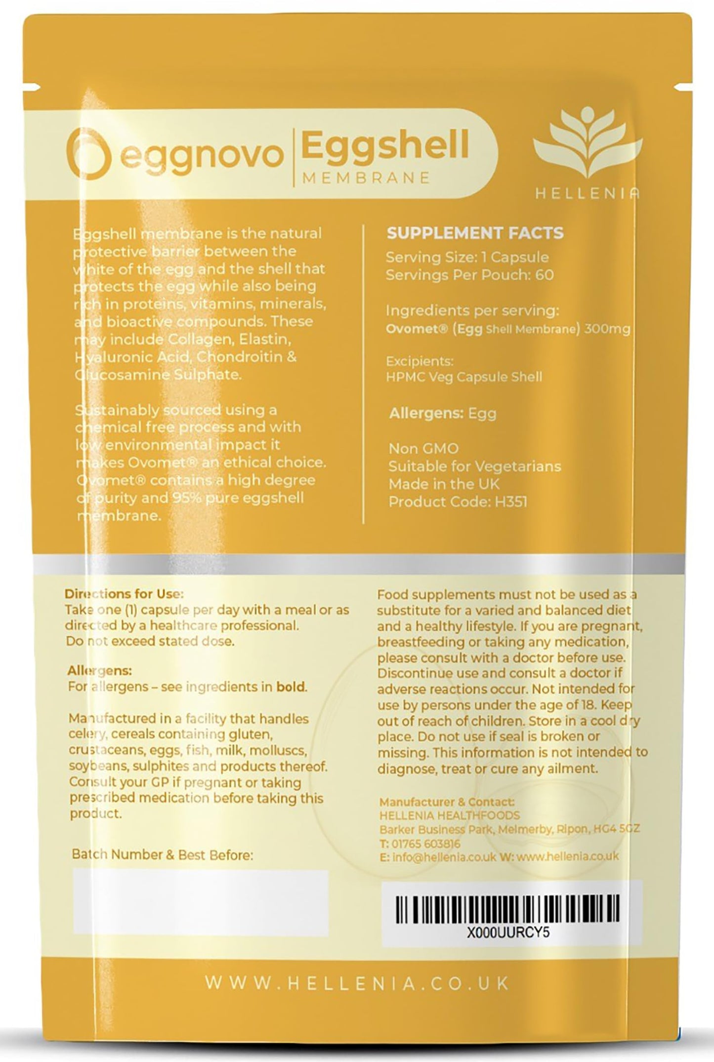 Eggshell Membrane Capsules Ovomet® - 300mg | 60 Vegetarian Capsules | Pure Eggshell Membrane with a High Degree of Purity - Joint Supplement | Sustainably Sourced - Made in The UK by Hellenia