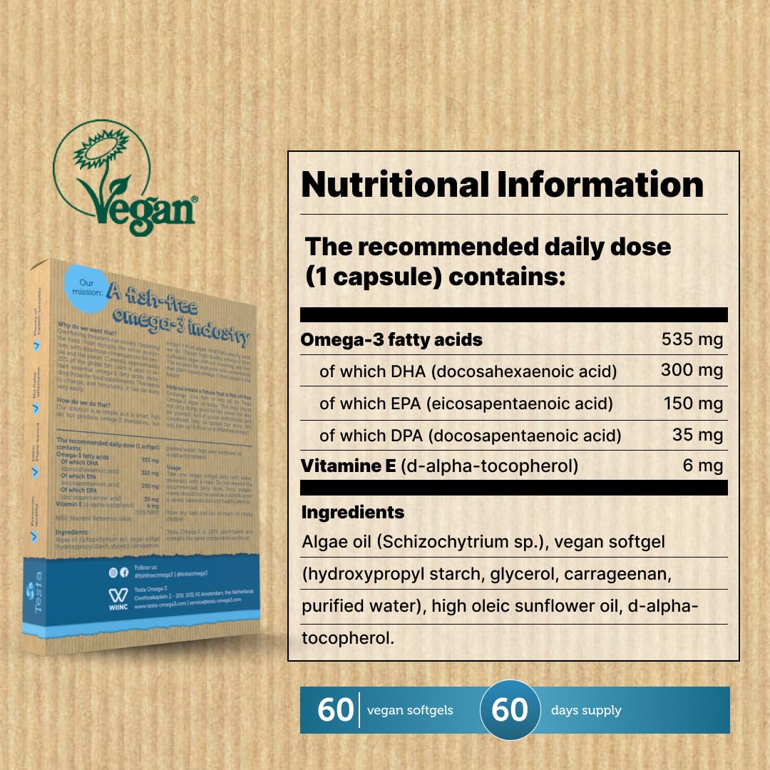 Testa Omega 3 Vegan Omega 3 Supplement - High Strength 300mg DHA + 150mg EPA per Capsule - 1 Capsule a Day - Supports Heart, Brain, Joint Health - Plant-Based Omega 3 from Algae Oil - 2 Months Supply
