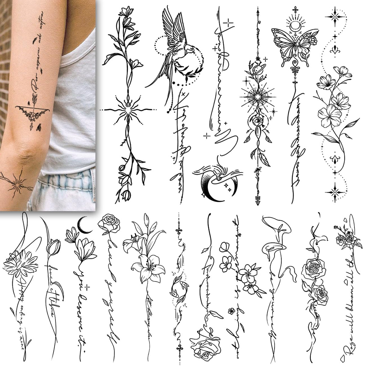 CHARLENT Temporary Tattoos for Women Girls - 45 Pcs Line Flower Words Sketch Realistic Long Last Fake Tattoo Waterproof Minimal Line Art Tattoo for Arm Backbone Leg Body