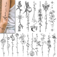 CHARLENT Temporary Tattoos for Women Girls - 45 Pcs Line Flower Words Sketch Realistic Long Last Fake Tattoo Waterproof Minimal Line Art Tattoo for Arm Backbone Leg Body