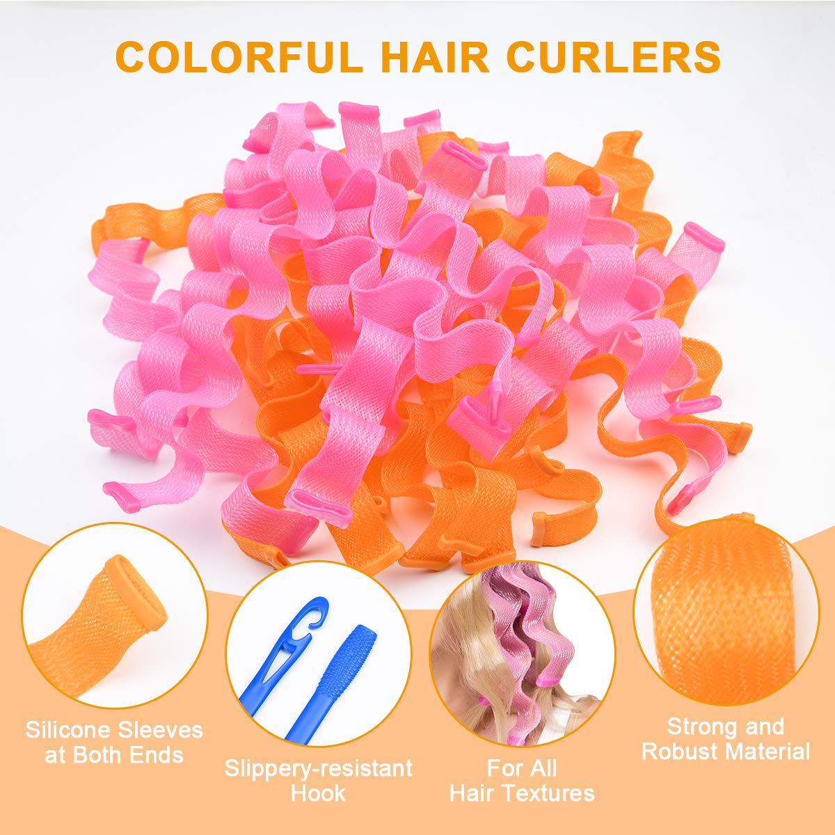URAQT Hair Curlers for Long Hair, 24Pcs 45cm Hair Rollers Wave Curls, No Heat Hair Curlers Styling Kit with Styling Hooks, Healthy DIY Hairstyle for Women Girls
