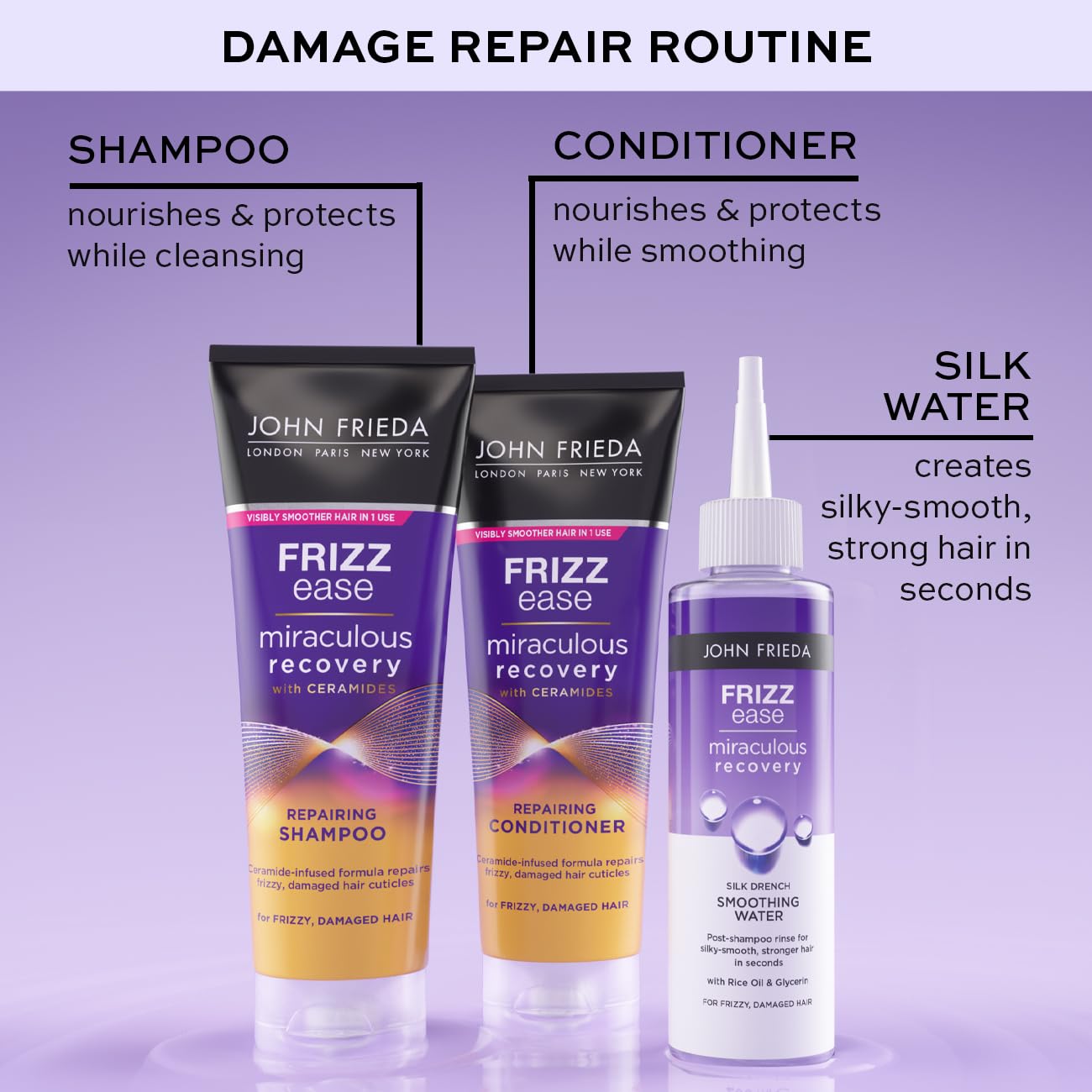 John Frieda Miraculous Recovery Silk Drench Smoothing Water, Lamellar Water for Frizzy Hair, 200ml