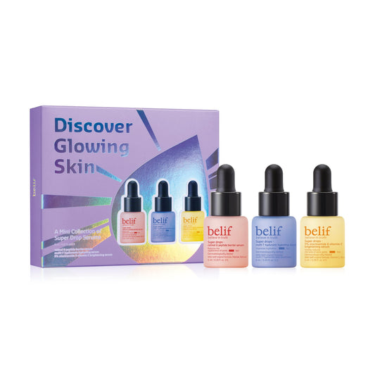 belif Super drops - discover glowing skin mini kit | Travel size, gift set, hyaluronic hydrating serum, peptide firming serum, vitamin C brightening serum, Korean skincare, Korean beauty (6ml x 3)