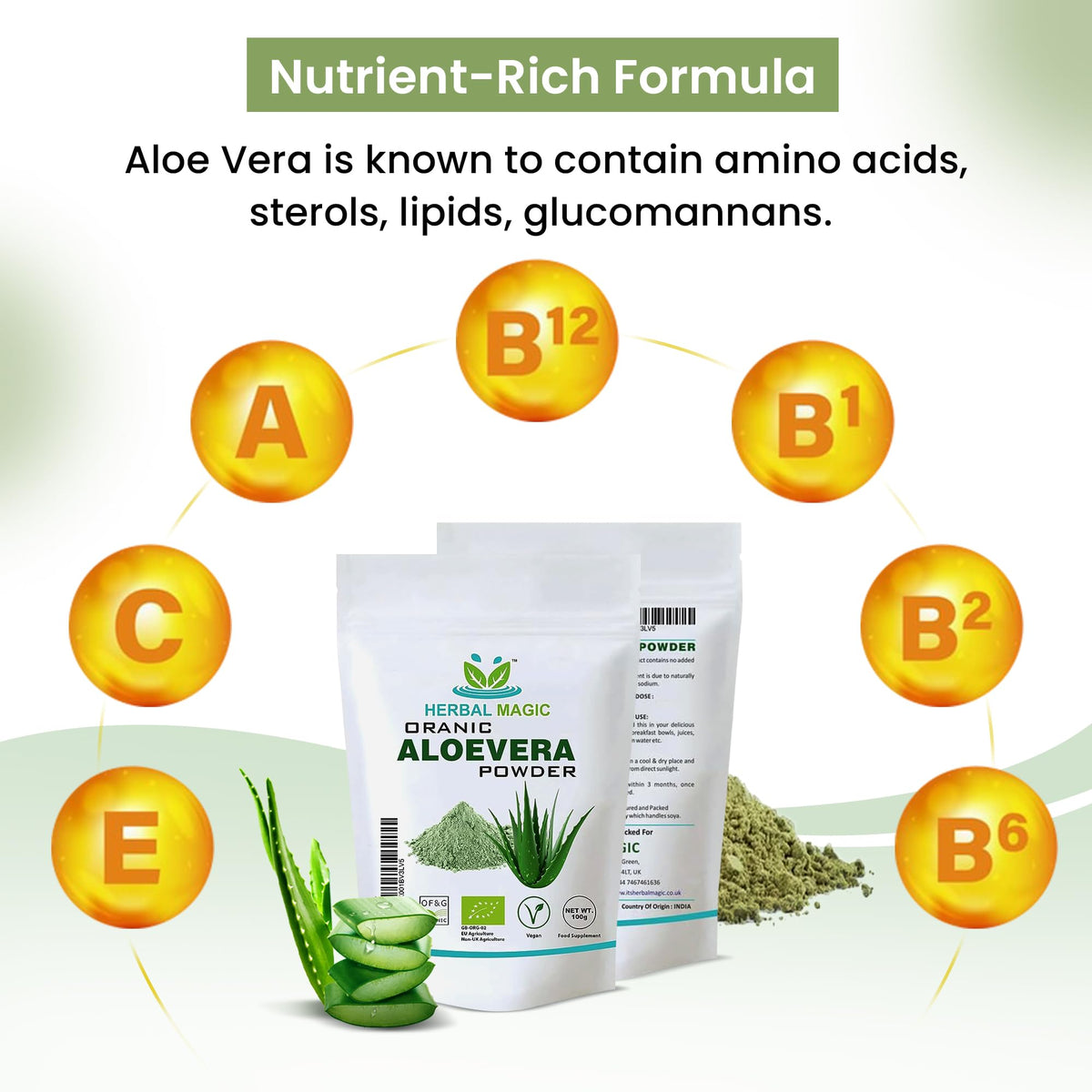 Herbal Magic's Organic Aloe Vera Powder Natural Face Hair Mask, Sparkle Your Smoothies, Shakes, Baking Premium Quality -100gm (Pack of 1)
